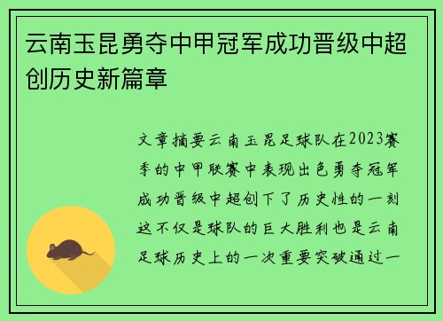 云南玉昆勇夺中甲冠军成功晋级中超创历史新篇章